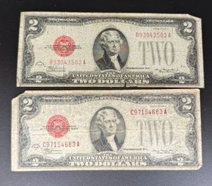 2 1928 D US $2 Red Seal Banknotes