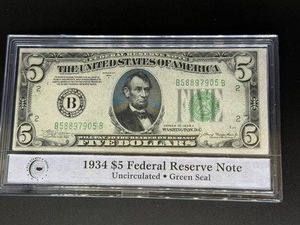 1934 $5 Federal Reserve Note Uncirculated Green Seal