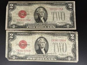 2 1928D US $2 Red Seal Banknotes