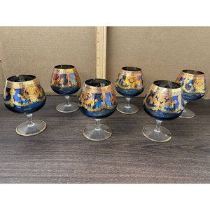 Blue Glass Gilt Decor Stemmed Goblets Set of 6