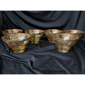Amber Glass Etched Footed Dessert Bowls Set of 6