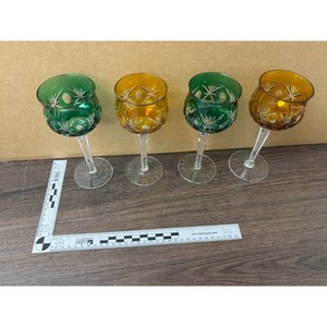 Crystal Goblet Set - Green & Amber Cut Glassware Stemware, 4 Pieces