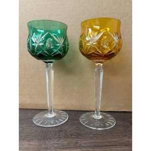 Crystal Goblet Set - Green & Amber Cut Glassware Stemware, 4 Pieces