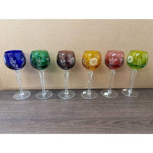 Collection of Carnival Style Etched Colored Glass Goblets, 10 Pieces