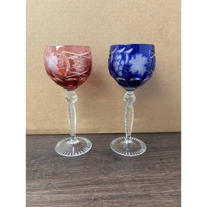 Pink & Blue Crystal Stemware Goblet Set with Floral Etching � Pair of 2
