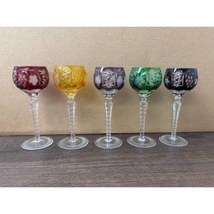 Set of 5 Patterned Stemmed Crystal Goblets - Varied Colors (Red, Yellow, Green)