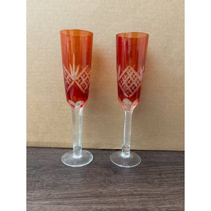 Red Cut Crystal Champagne Flutes Set of 2