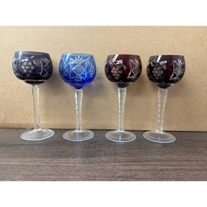 Cut Crystal Cordial Glasses Set of 4 Blue Red Smoke