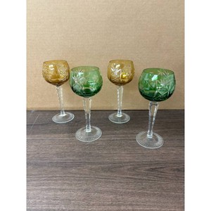Green and Amber Cut Crystal Goblets, Stemmed Wine Glassware, 4 Piece Set