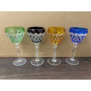 Colored Crystal Goblet Set - Green Black Amber Blue Stemware, 4 Pieces