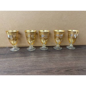 Amber Gold Patterned Glass Goblet Set � Ornate Wine Stemware, 5 Pieces