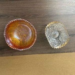 Carnival Marigold and Clear Pressed Glass Footed Bowls, 2 Pieces