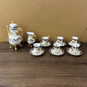 Fine Porcelain Gold-Trim Tea Set with Teapot, Creamer, 6 Cups