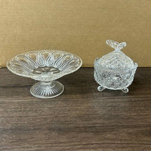 Clear Cut Glass Pedestal Compote and Covered Candy Dish Set