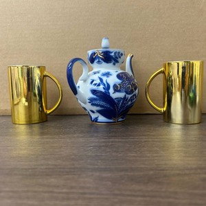 Blue & White Porcelain Teapot Set with Gold Mugs, 3 Pieces
