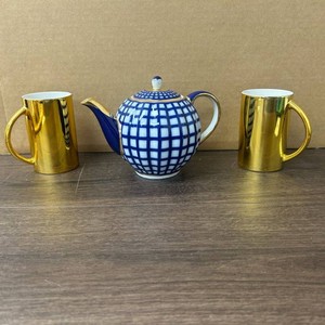 Blue White Porcelain Teapot Set with Gold Mugs, 3 Pieces