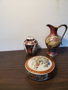 beautiful Antique Asian Lot Vase, Dish, and Brass Pitcher