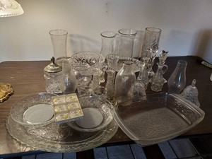 LargeMisc Lot of Glass Items, Platters Candy Dishes, Solid Etched Glass Vases and More