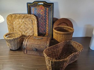 woven Baskets, trays, beautiful painted serving tray and more
