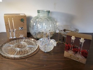 misc Glass Lot Genuine Lead Crystal candle holders, Iridescent basket Large Solid Glass