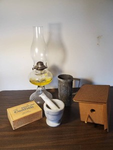 Misc Lot Oil Lamp, Marble Mortar and Paste Set Birdhouse and more