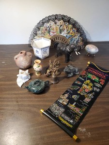 Misc Items, Brass Bells, Genuine Leather Elephant, Gorgeous hand held Folding Fan, and More