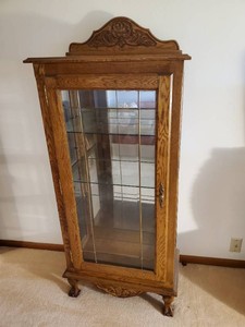 Mid Century Lighted Curio Cabinet with Glass Shelves and Claw Feet