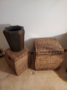2 heavy Duty Wood and Braided Wicker Boxes for Storage and wicker panel Garbage Can or Planter