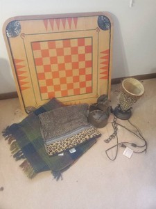 Vintage Double sided Wooden Carrom and Checkers Game Board with 2 Rugs, Copper Bucket and more