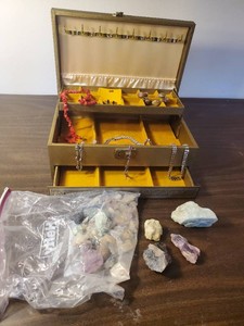 Vintage Jewelry Box and Costume Jewelry with beautiful Amathyst Stone and others
