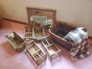 Lot of Wood and Wicker Baskets with Framed Mirror and Cozy Woodsy Themed Blanket