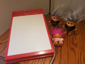 Vintage Mickey Mouse Club drawing Board and 3 vintage Troll Dolls