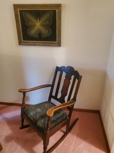 Gorgeous Mid Modern String Art Butterfly with Solid Velvet Background and Beautiful Vintage Rocking Chair with cusioned or stuff-over seat