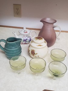 Lot of Vintage Green Glass Champagne coupe or Sherbet Glasses, Vintage Ceramic pitcher, and more