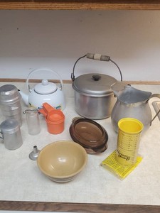 Misc Kitchen-ware with Aluminum Pot, Pitcher, Carnation Malted Milk Shaker, 1920s Bowl, and more