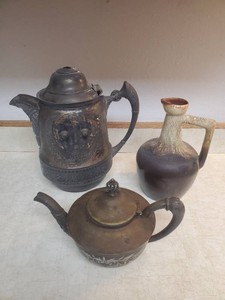 Antique Silver Plated Pivotiong or tilting Ice Water Pitcher, Silver Plated Toothill Silver Plate teapot, and Stoneware vase
