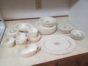 Large Set of Vintage Washington Colonial Dinnerware white Porcelain with Embossed Basket Weave or Lattice border