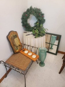 Various Lot of Dcor including a bluegreen frosted etched glass Made in Spain Vase wicker top bench Mirror and More