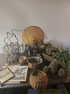 Large lot of misc Dcor Handmade wood Branch Basket, wicker Basket, Heavy Duty Copper Hanging Kettle and more