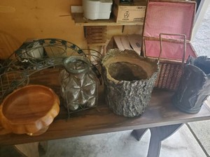 Household lot,Vintage Picnic Basket, Unique Horse Wood Carved Planter, Hand made ceramic Stump, and more