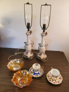 Vintage Lot Gorgeous Antique Lamps with Floral Design, 2 Tea cups with Saucers and Irredecent Bowls