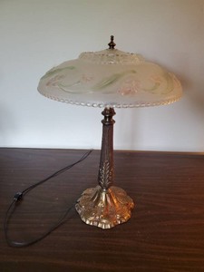 Beautiful Art Deco Desk Lamp With Lovely Colored Etched Glass Shade