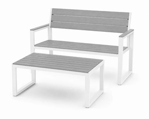 NEW 5 Outdoor Patio Bench & Coffee Table Sets - White Frame w Gray Polywood-Style