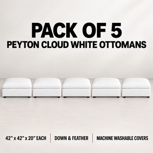 NEW Pack of 5 Peyton Cloud White Ottomans 42x42x20 - Down & Feather, Washable Covers