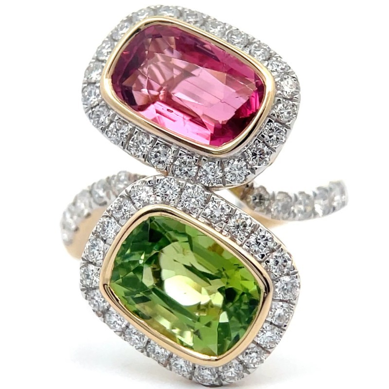 5.94 Carat Natural Rubellite & Green Tourmaline Diamond Ring in 14K Two-Tone Gold $16,820 Appraisal Included VIDEO
