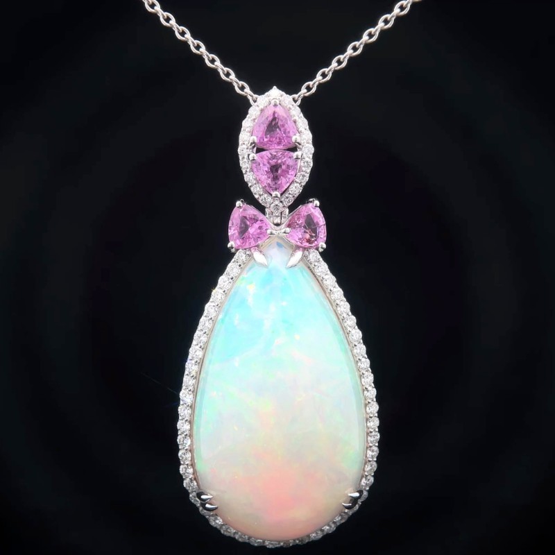 41.84 Carat Natural Opal & Pink Sapphire Diamond Pendant Necklace in Platinum $31,720 Appraisal Included VIDEO