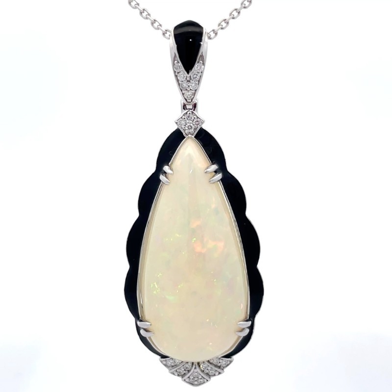 25.13 Carat Natural Opal, Natural Diamond & Black Enamel Pendant Necklace in Platinum $24,760 Appraisal VIDEO