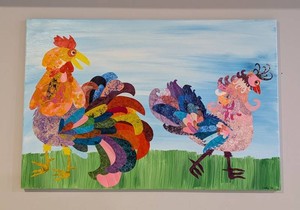 LL - Canvas Rooster Painting - Signed Jody