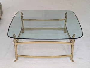 ML - Vintage LaBarge Style Hollywood Regency Brass & Glass Coffee Table - Curved Edge