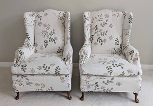 ML - Vintage Harden Wingback Armchairs - Pair of Floral Slipcovered Chairs